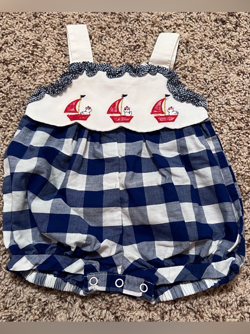 Vintage Baby Togs Girls Navy Gingham Sailboat Bubble Romper Size 10 months